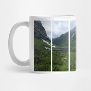 Wonderful landscapes in Norway. Vestland. Beautiful scenery of Urasetra and surroundings. Cows, lake, road and snowed mountain. Paradise and heaven. Cloudy day Mug